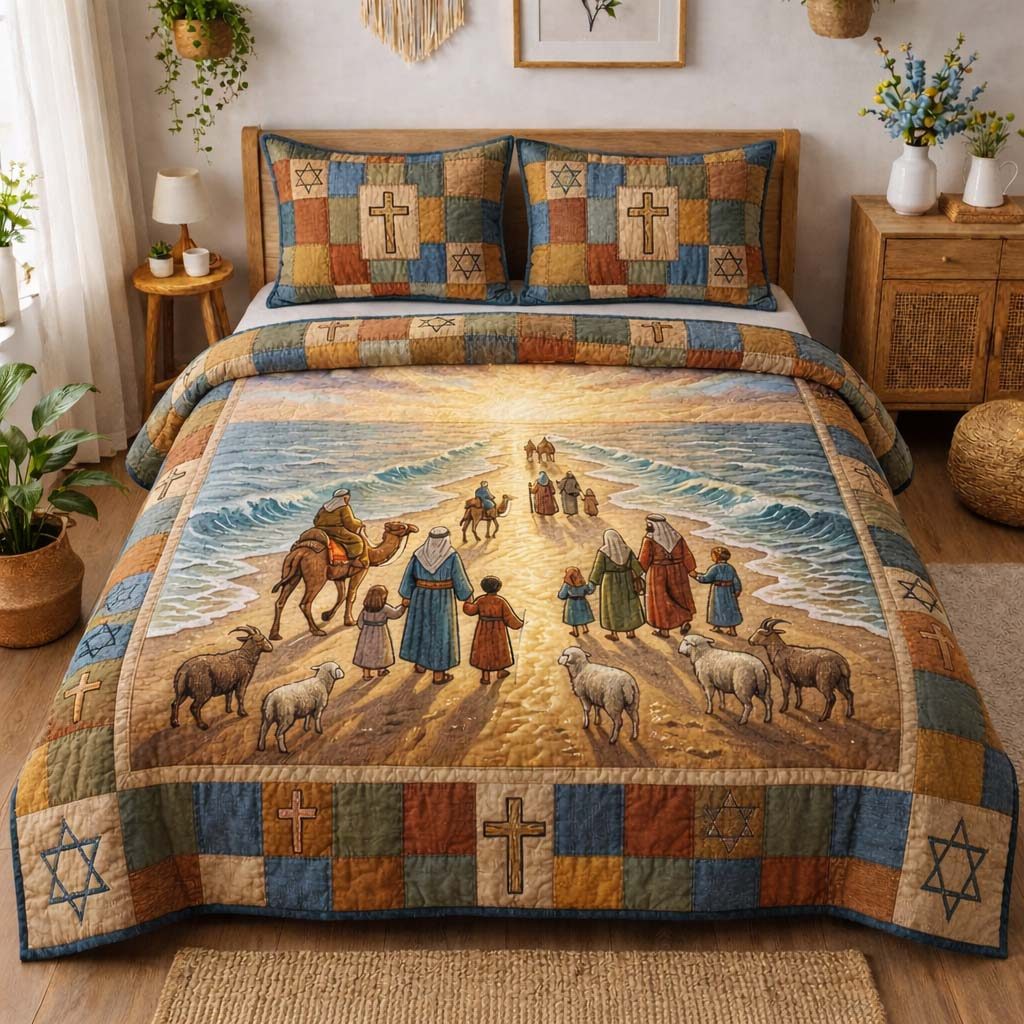 Miracle Sea Path quilted 3-piece bedding set on a made bed in a light coastal bedroom