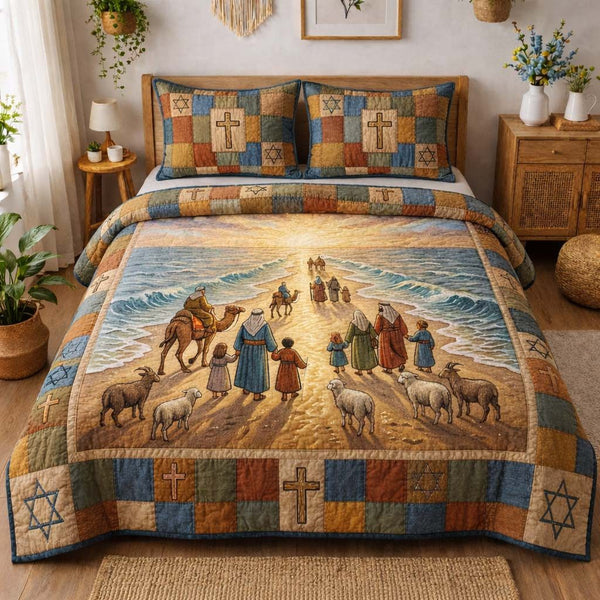 Miracle Sea Path quilted 3-piece bedding set on a made bed in a light coastal bedroom