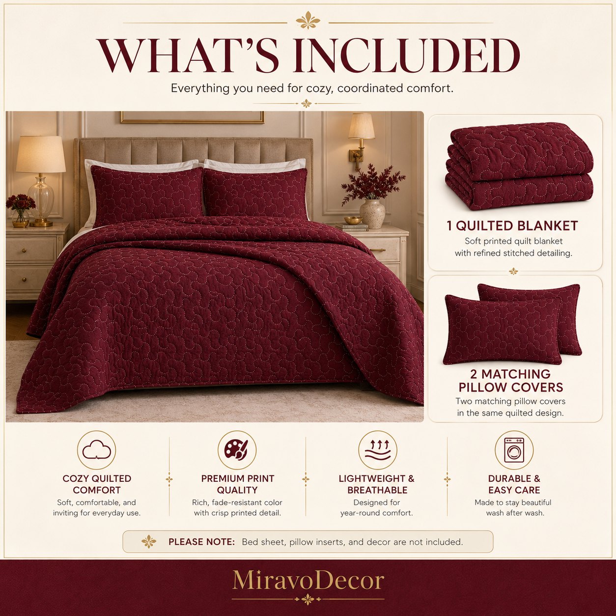 What is included: one quilted blanket and two matching pillow covers