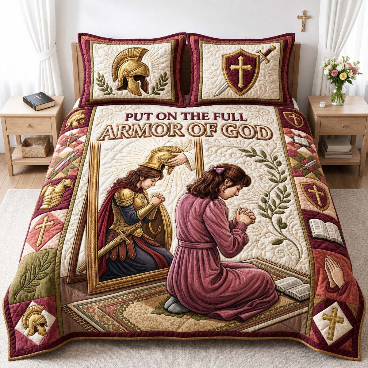 Mirror Of Prayer quilted 3-piece bedding set on a made bed in a softly lit bedroom