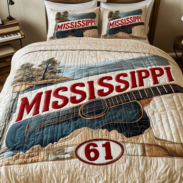 Mississippi Vibes quilted 3-piece bedding set on a made bed with two matching pillow shams
