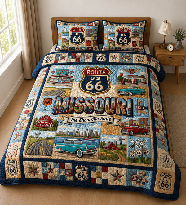 Missouri Route 66 quilted 3-piece bedding set on a made bed with two matching pillow shams