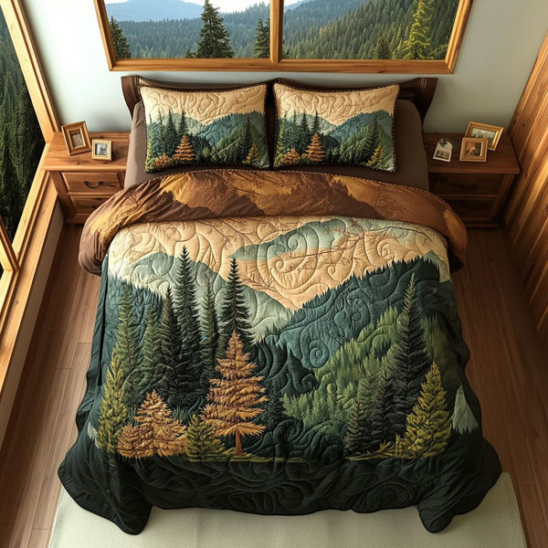 Mist Over Mountains quilted 3-piece bedding set on a made bed with two matching pillow shams