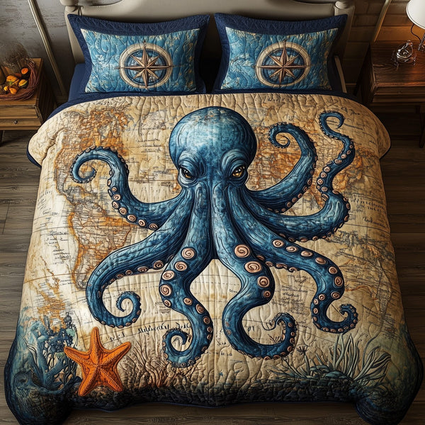 Mistic Octopus quilted 3-piece bedding set on a made bed with two matching pillow shams