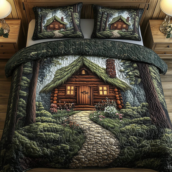 Mistique Forest Log Cabin quilted 3-piece bedding set on a made bed with two matching pillow shams