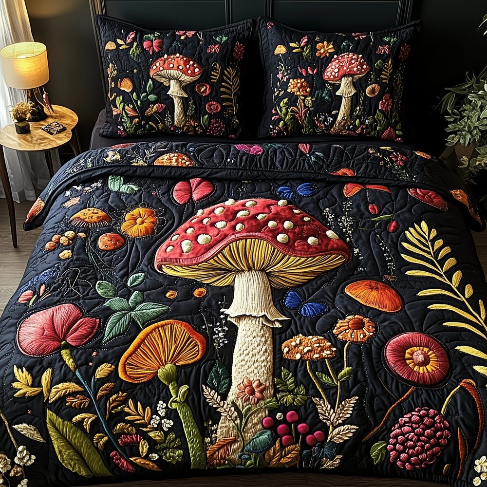 Mistique Mushroom quilted 3-piece bedding set on a made bed with two matching pillow shams