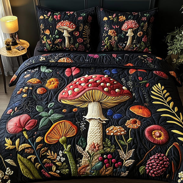Mistique Mushroom quilted 3-piece bedding set on a made bed with two matching pillow shams