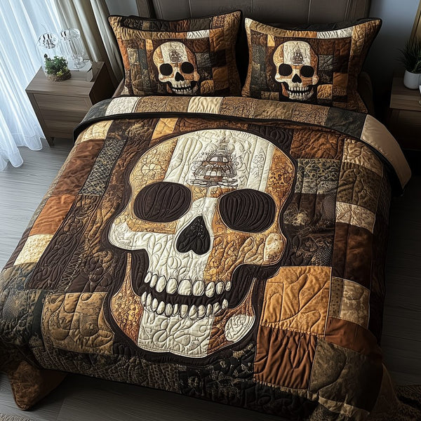 Mistique Skull quilted 3-piece bedding set on a made bed against a dark styled interior