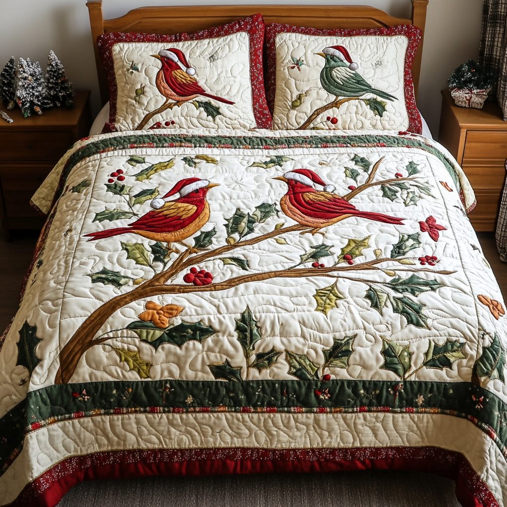 Mistletoe Melody quilted 3-piece bedding set on a made bed in a winter-styled bedroom
