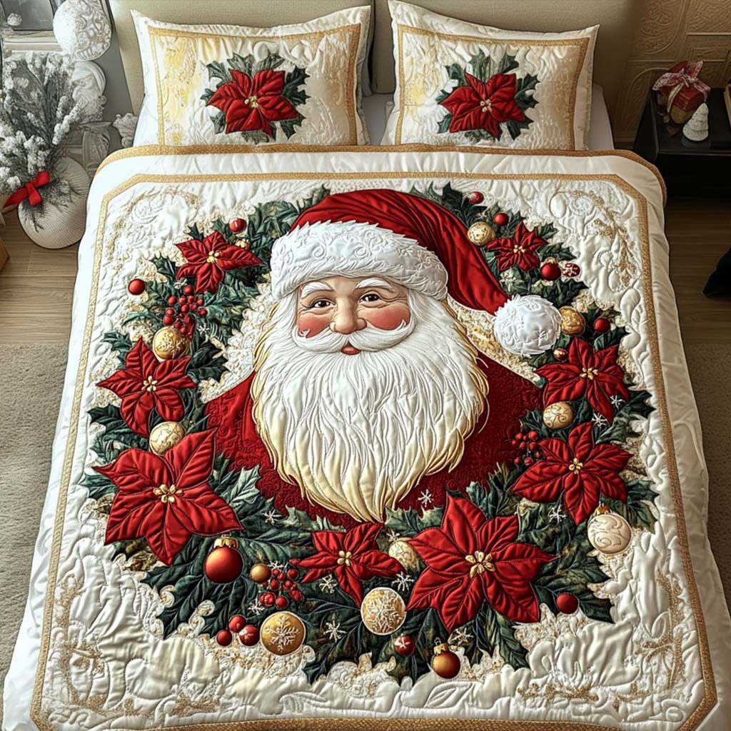 Mistletoe Time quilted 3-piece bedding set on a made bed in a winter-styled bedroom