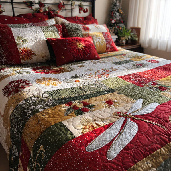 Mistlewing Dragonfly quilted 3-piece bedding set on a made bed with two matching pillow shams