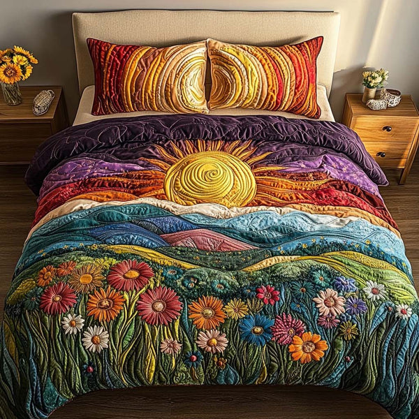 Misty Autumn Field quilted 3-piece bedding set on a made bed with two matching pillow shams