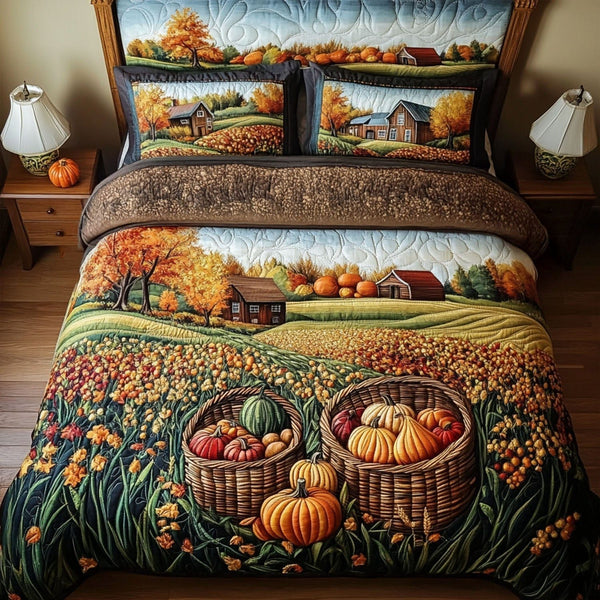 Misty Autumn Morning quilted 3-piece bedding set on a made bed with two matching pillow shams