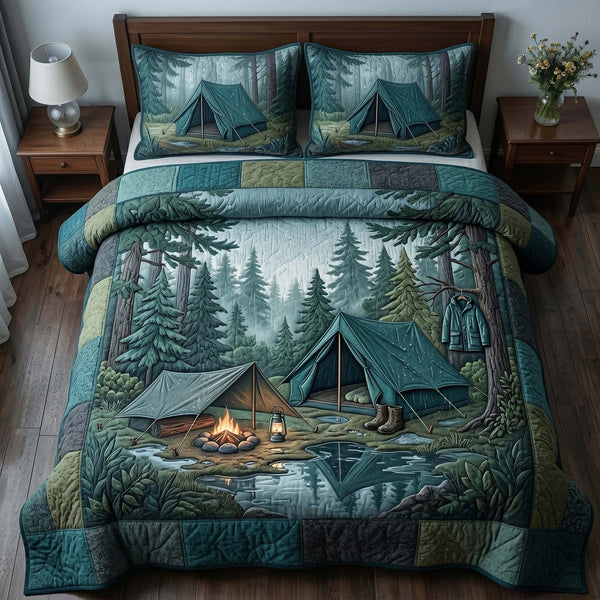 Misty Forest Camp quilted 3-piece bedding set on a made bed with two matching pillow shams