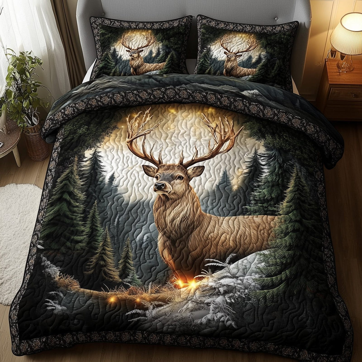 Misty Forest Deer quilted 3-piece bedding set on a made bed with two matching pillow shams