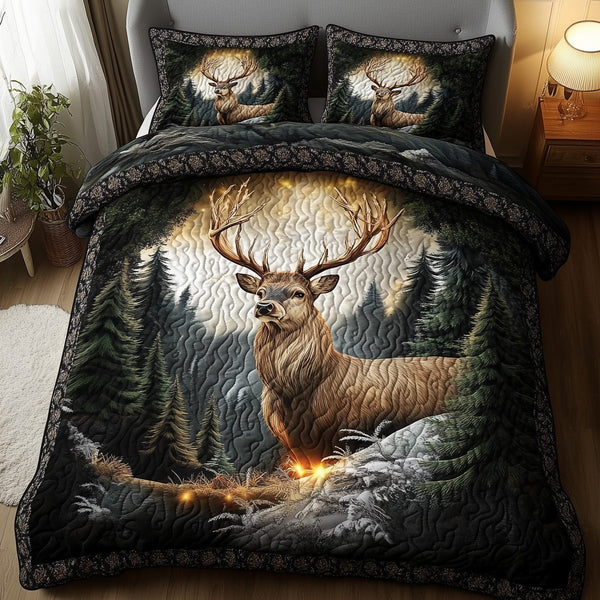 Misty Forest Deer quilted 3-piece bedding set on a made bed with two matching pillow shams