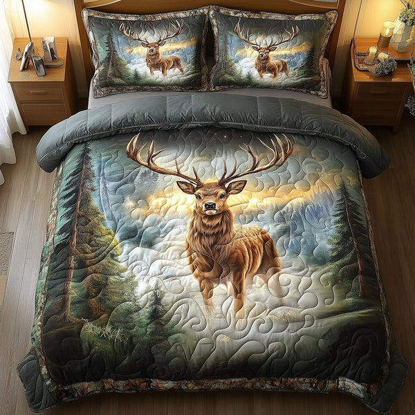 Misty Forest Deer quilted 3-piece bedding set on a made bed with two matching pillow shams