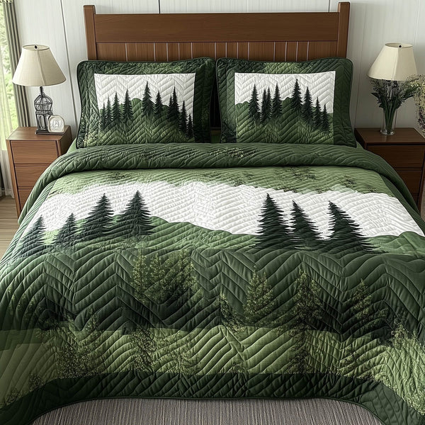Misty Forest Mountain quilted 3-piece bedding set on a made bed with two matching pillow shams
