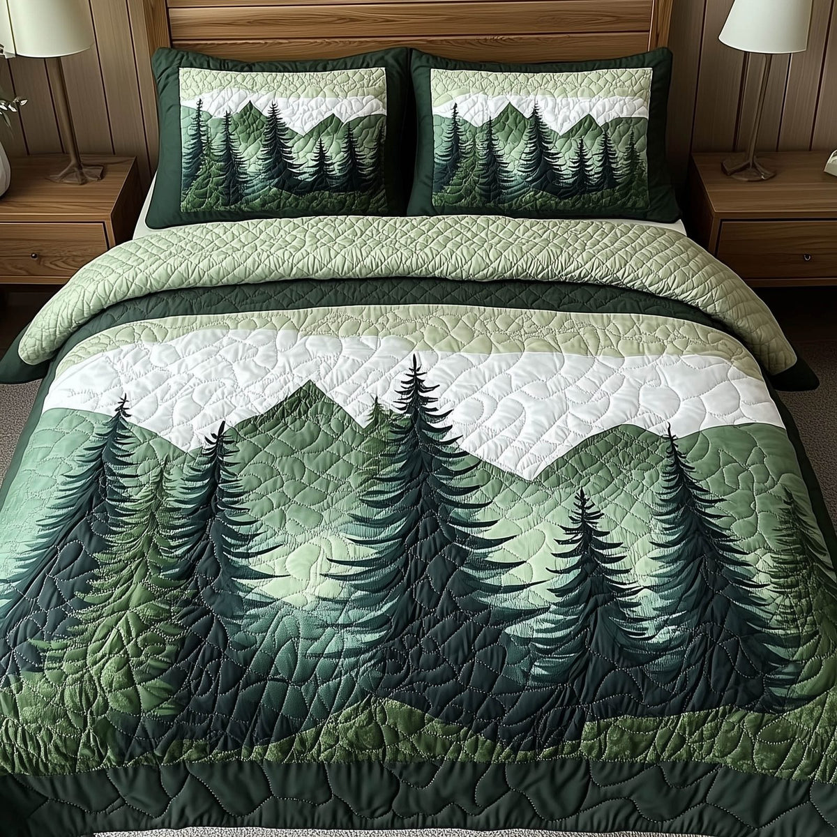 Misty Forest Mountain quilted 3-piece bedding set on a made bed with two matching pillow shams