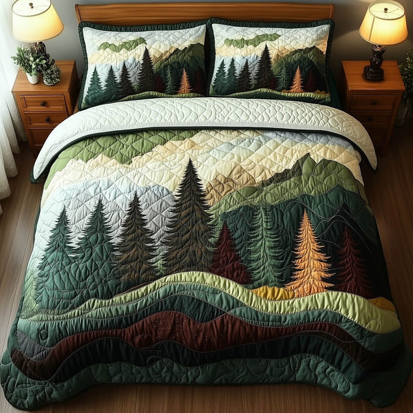 Misty Forest Mountain quilted 3-piece bedding set on a made bed with two matching pillow shams