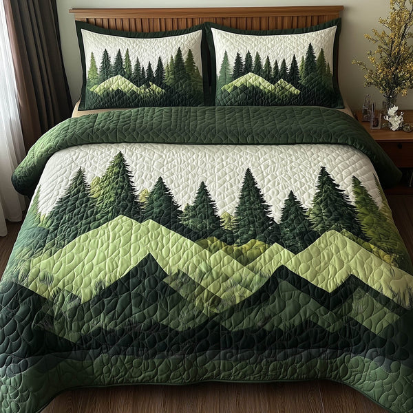 Misty Forest Mountain quilted 3-piece bedding set on a made bed with two matching pillow shams