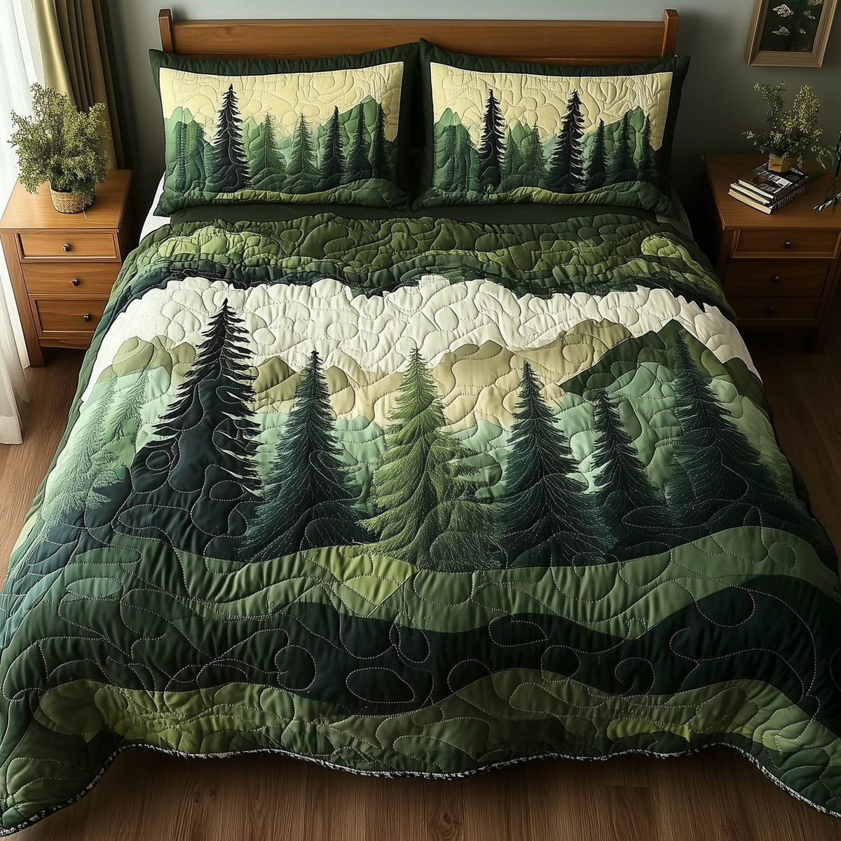 Misty Forest Mountain quilted 3-piece bedding set on a made bed with two matching pillow shams