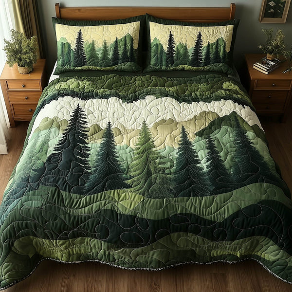 Misty Forest Mountain quilted 3-piece bedding set on a made bed with two matching pillow shams