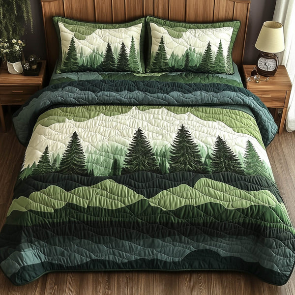 Misty Forest Mountain quilted 3-piece bedding set on a made bed with two matching pillow shams
