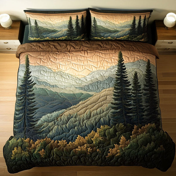 Misty Majesty quilted 3-piece bedding set on a made bed with two matching pillow shams