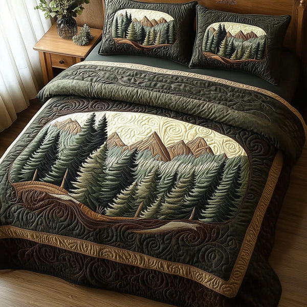 Misty Pine Forest quilted 3-piece bedding set on a made bed with two matching pillow shams