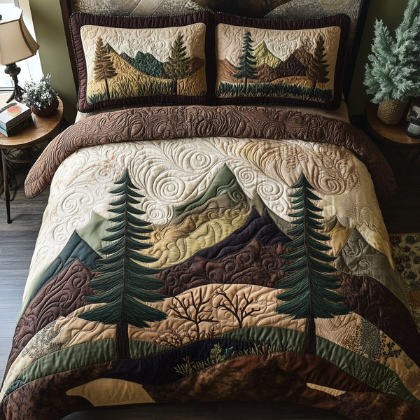 Misty Pine Forest quilted 3-piece bedding set on a made bed with two matching pillow shams