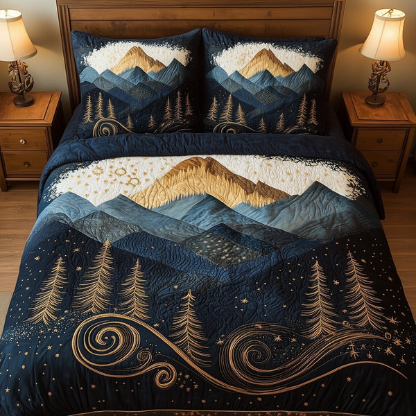 Misty Pine Forest quilted 3-piece bedding set on a made bed with two matching pillow shams