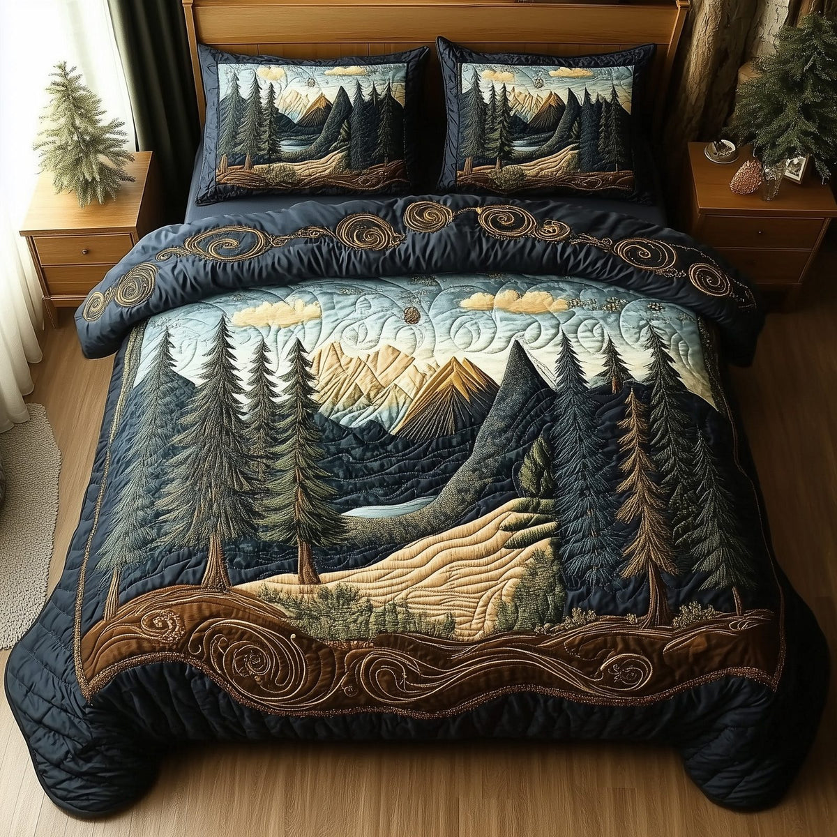 Misty Pine Forest quilted 3-piece bedding set on a made bed with two matching pillow shams