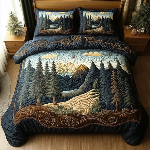 Misty Pine Forest quilted 3-piece bedding set on a made bed with two matching pillow shams