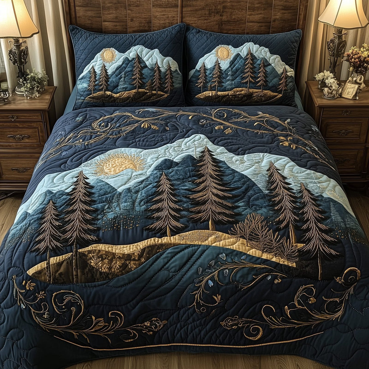Misty Pine Forest quilted 3-piece bedding set on a made bed with two matching pillow shams