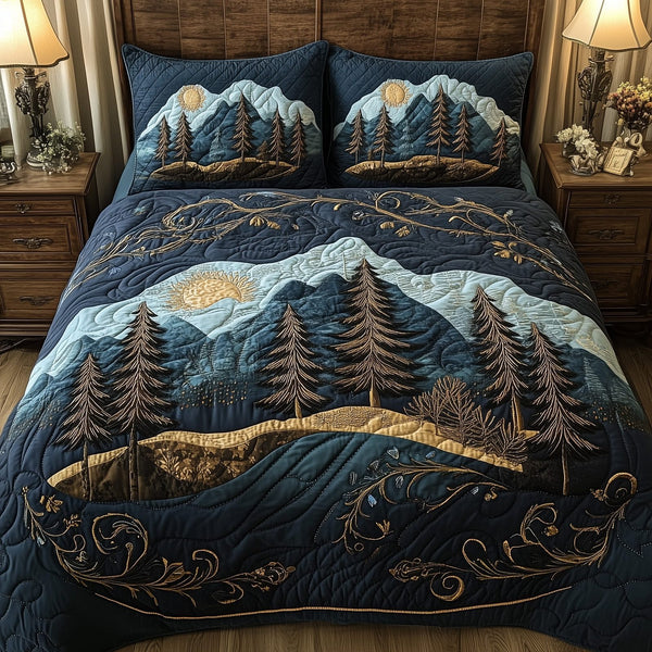 Misty Pine Forest quilted 3-piece bedding set on a made bed with two matching pillow shams