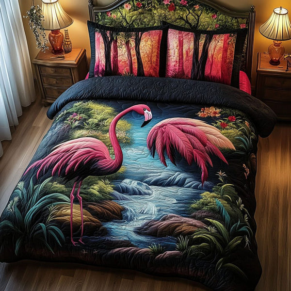 Misty Tropics quilted 3-piece bedding set on a made bed with two matching pillow shams