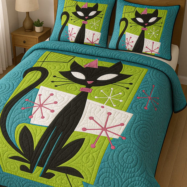 Mod Meowtique quilted 3-piece bedding set on a made bed with two matching pillow shams