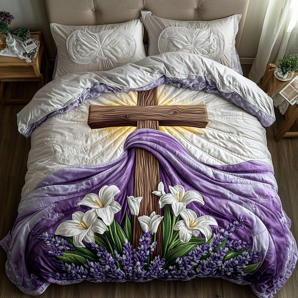 Modern Cross quilted 3-piece bedding set on a made bed in a softly lit bedroom