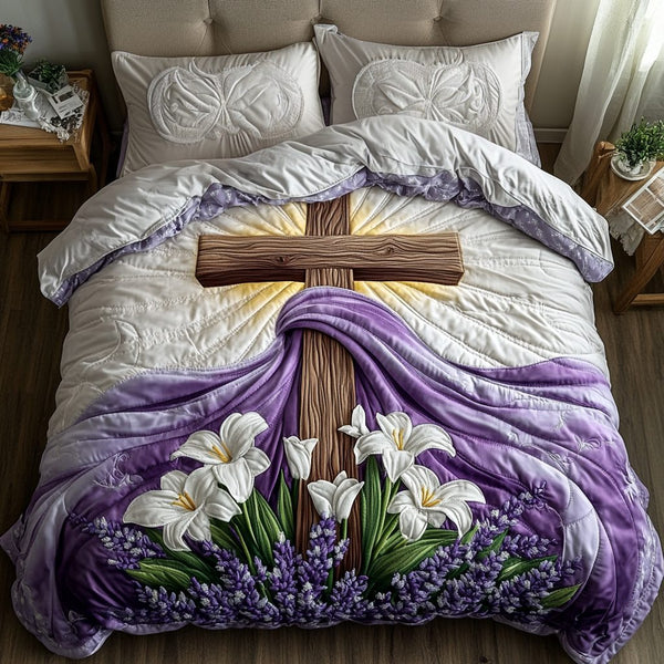 Modern Cross quilted 3-piece bedding set on a made bed in a softly lit bedroom