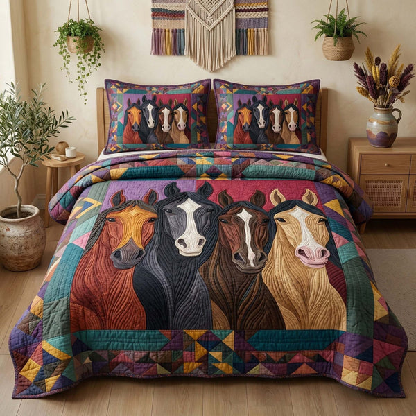 Modern Folk quilted 3-piece bedding set on a made bed in a farmhouse bedroom