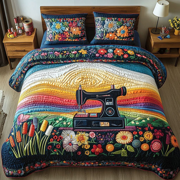 Modern Sewing Machine quilted 3-piece bedding set on a made bed with two matching pillow shams