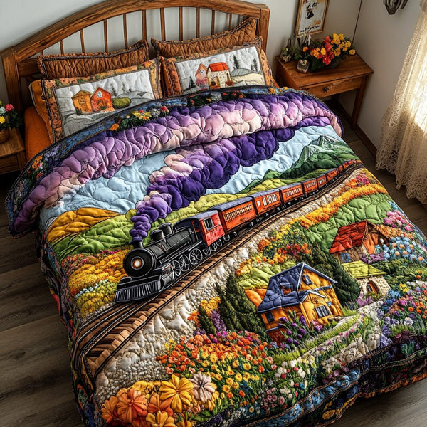 Modern Train quilted 3-piece bedding set on a made bed with two matching pillow shams