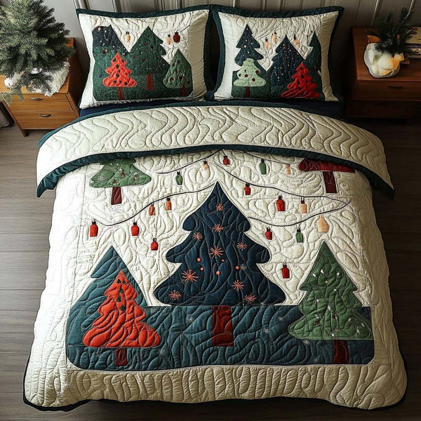 Modern Tree Lights quilted 3-piece bedding set on a made bed with two matching pillow shams