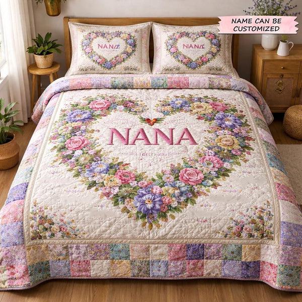 Mom Bloom 3-Piece Quilted Bedding Set QTCUZ - Design 1 quilted 3-piece bedding set on a made bed with two matching pillow shams