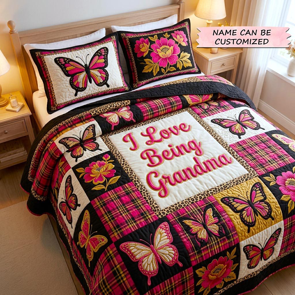 Mom Bloom 3-Piece Quilted Bedding Set QTCUZ - Design 2 quilted 3-piece bedding set on a made bed with two matching pillow shams