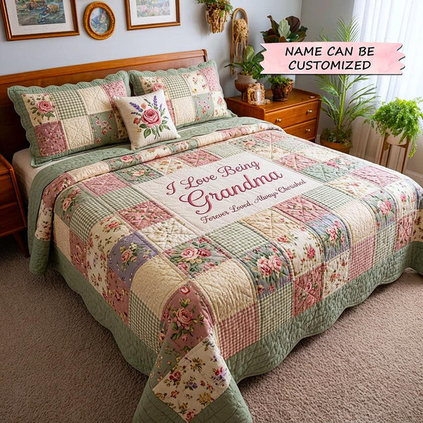 Mom Bloom 3-Piece Quilted Bedding Set - Design 3 quilted 3-piece bedding set on a made bed with two matching pillow shams