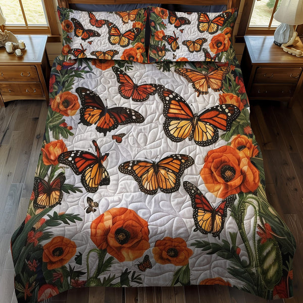 Monarch Butterflies quilted 3-piece bedding set on a made bed with two matching pillow shams