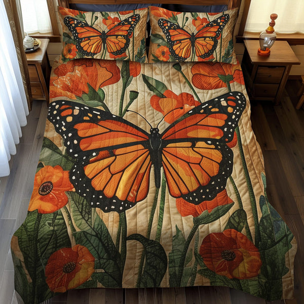 Monarch Butterfly quilted 3-piece bedding set on a made bed with two matching pillow shams