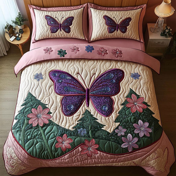 Monarch Journey quilted 3-piece bedding set on a made bed with two matching pillow shams